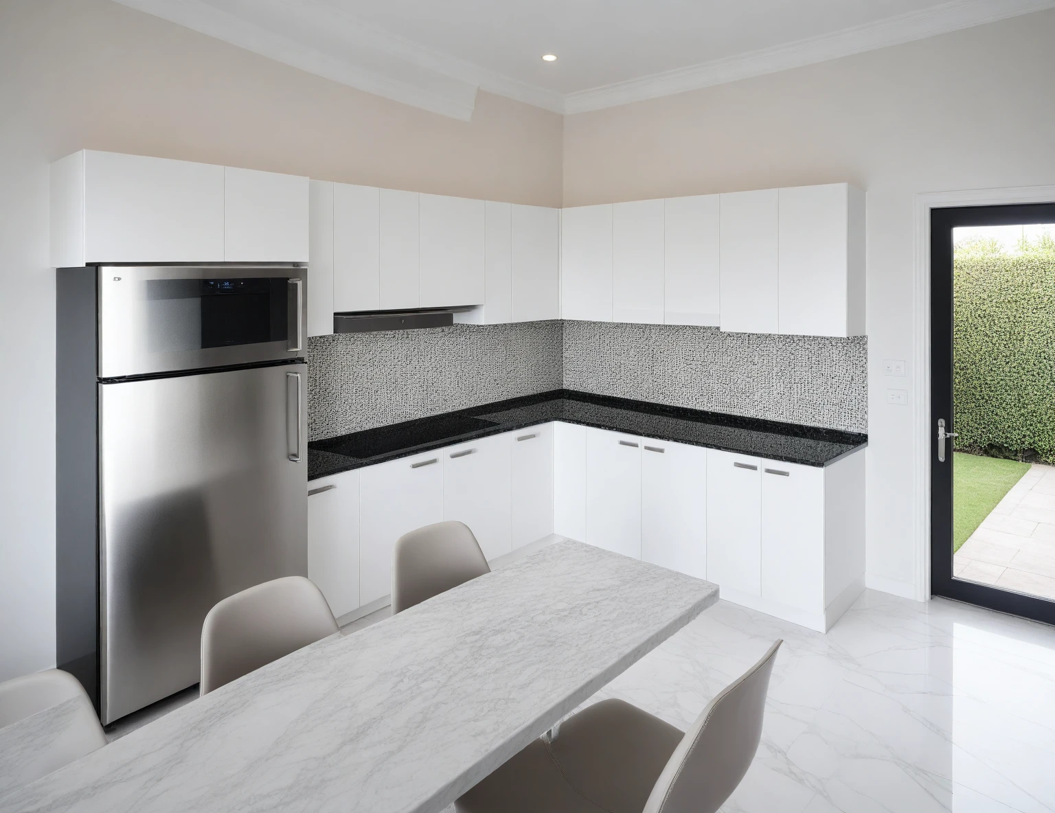 Raw photo,Masterpiece, high quality, best quality, authentic, super detail,
indoors, interior , ((kitchen and dining :1.3)), modern style, daylight, (WHITE WALL),luxury, marble tile floor, fridge, black stone counter top