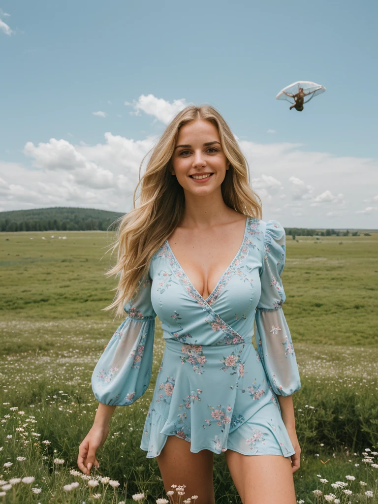 solo, photorealistic, wide shot, best quality, hyper detailed, 25 years old Circasssian woman, mature-looking face, boobies, high detailed deep wrinkles, beauty mark, intricate, (((long wavy blonde hair))), Circassian facial features, (((In the midst of a vast meadow, she stood seductively, her gaze fixed on the distant figure descending gracefully from the sky. The expanse around her was a sea of wildflowers, their vibrant colors swaying gently in the breeze. The sky above was a clear canvas of blue, interrupted only by wisps of fluffy clouds. As she watched, the skydiver descended with practiced ease, a tiny speck against the boundless heavens. The rush of wind carried the faint sound of their descent, punctuating the serene quiet of the meadow. Her heart swelled with admiration for the courage and freedom encapsulated in that solitary figure))), (((she is wearing a color pastel blue floral print asymmetrical trim puff sleeve mini dress))), (((dynamic pose))), she is looking at the camera smiling, (((dynamic pose))), cleavage