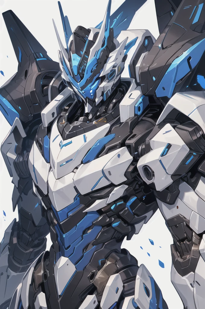 [(WHITE BACKGROUND:1.5)], nijimecha,Blue mech standing,mech with heavy armor,thick limbs,energy core,power armor,full armor,best quality,masterpiece,no human being,v-fin,bule theme,(upper body)