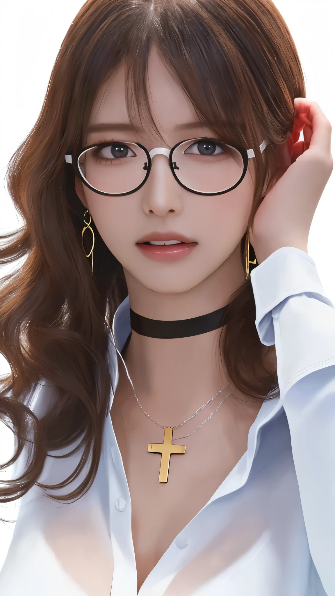(masterpiece),(Highest quality),(Ultra-high resolution),(8K resolution),(Realistic),(Super detailed),(Sharp focus),(RAW Photos),
One girl,Good move,(Long Hair),(Wavy Hair),(Hair on one eye),Glasses,(choker),(Cross Necklace),(Earrings),(Full body diagram),(nearly torn white shirt:1.6),(Ahegao),(blush:0.5), ((From head to toe:1.5))