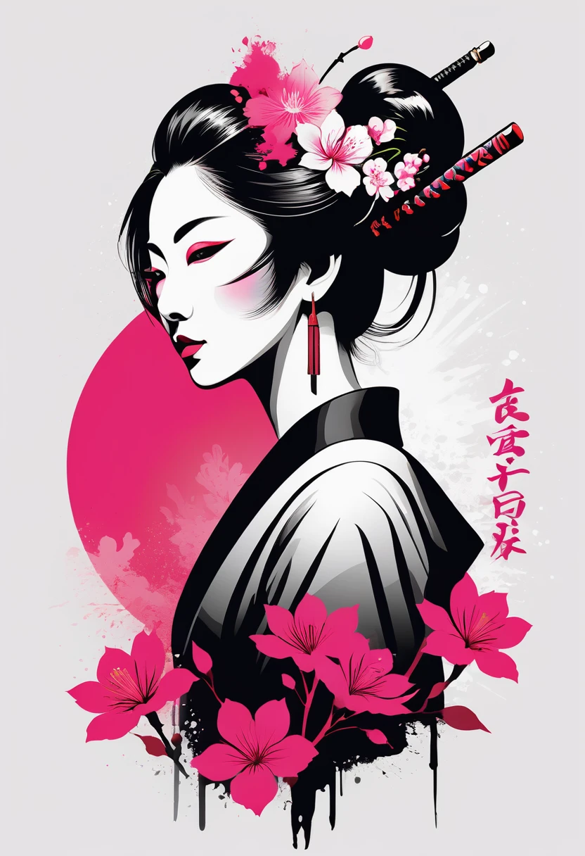 creative logo illustration black and white drawing of a geisha holding a sword surrounded by green bamboo and red butterflies, combined the black and white drawing with the vibrant digital colors featuring the word ( GEISHA )by dan mumford, jean pierre mong, alex janvier, frank frazetta, sketch, bold outlines, high definition, intricat details, vivid colors, negative space, tshirts design, typography, portrait photography, conceptual art, vibrant