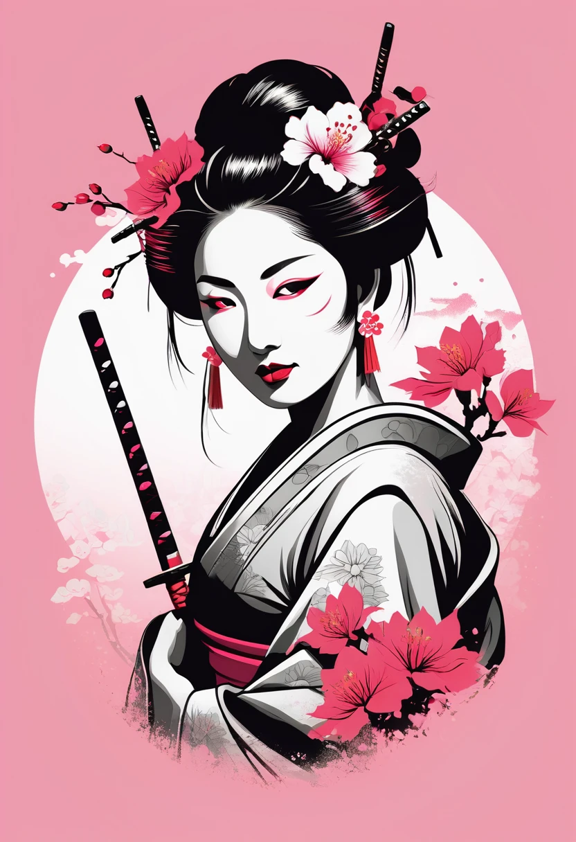 creative logo black and white vector portrait profile of a geisha with red and green tattoes on her shoulder and arms, sword, pink cherry blosom, the contrast between the black and white and the colors is crispy featuring the word ( HONOR), digital art work by dan mumford, carne griffith, sketch, high definition, negative space, vivid colors, tshirts design