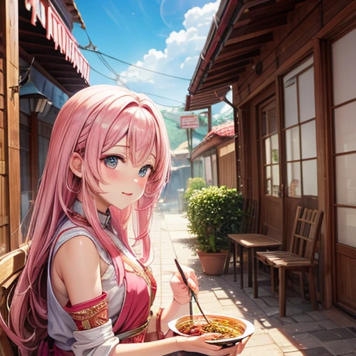 Pink-haired goddess eating curry　Indian traditional clothing　Isekai Cafeteria