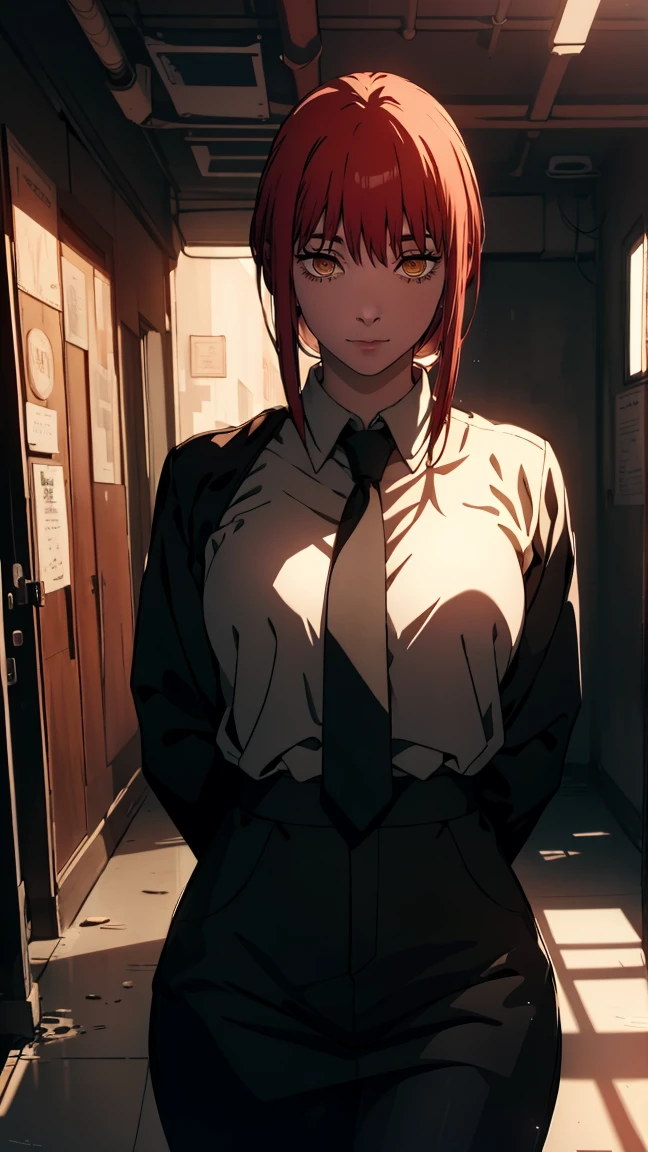 The character Makima from the anime series Chainsaw Man, fragile, full length (Full body 1.1.), dark background, darkness, Correct anatomy 1.1, holds his hands behind his back, correct hand anatomyVery sexy, erotica, very feminine, beautiful figure, legs, buttocks, Beautiful body, red hair, orange eyes, Red circles for schoolchildren, summer dress, sexy pose, realistic, very detailed, Beautiful body, detailed body, detailed hands, detailed, Vibrating, detailed Face, Makima character design. very detailed, detailed body, detailed hands, detailed Face, anime art, Hugh Details, Very downcast face, detailed eyes, Super thin illustration, best shadow, Fine detail, beautiful detailed glow, beautiful detailed, Extraordinarily beautiful, extremely detailed, inexpressive, epic composition, Anime style. anime art anime art, Anime style,