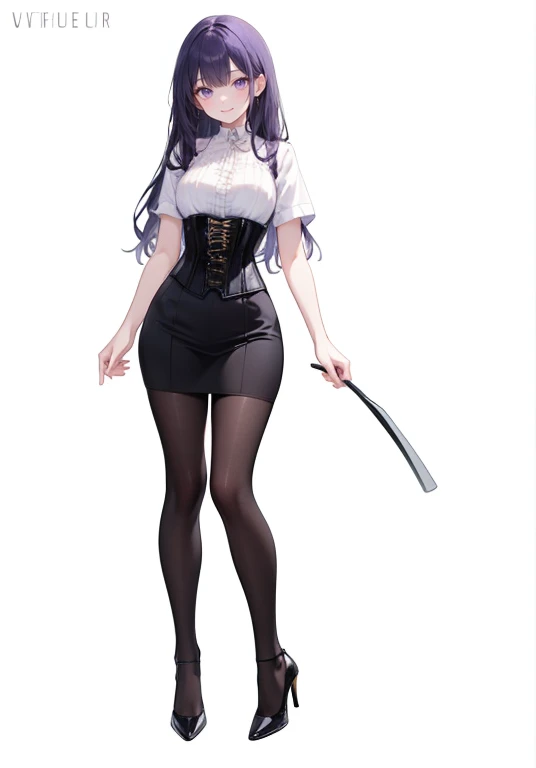 purple,long hair,woman,(corset),Shirt with rolled up sleeves,((Roll up your sleeves)),high heels,,simple background,smile,whole body,full body,full body,Standing picture,vtuber,upright,,Standing upright with face and body facing forward,