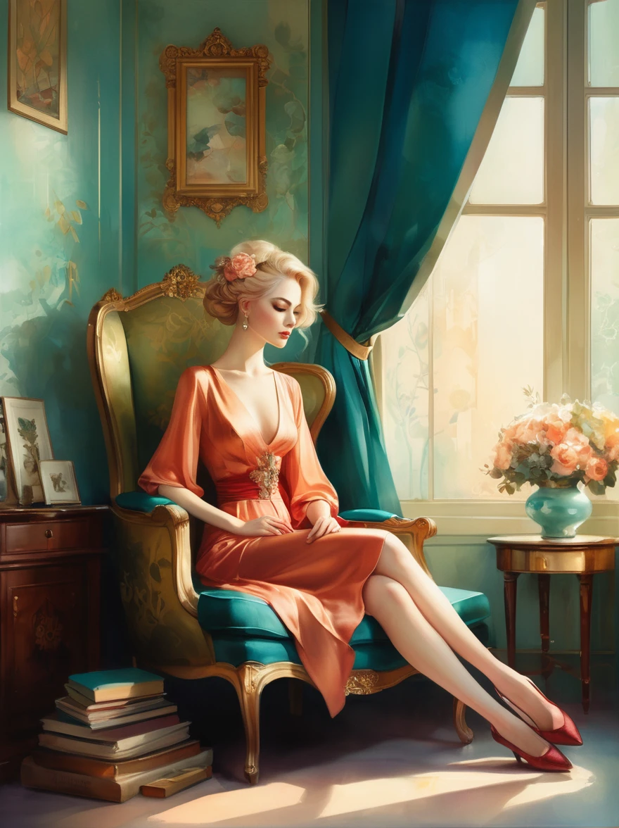 in style of Anna Dittmann, full body portrait of character sitting in the living room