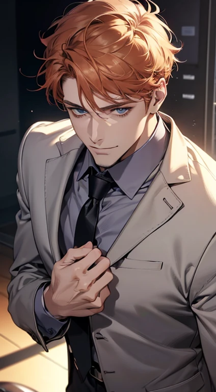 (best quality,4k,8k,highres,masterpiece:1.2),ultra-detailed,(realistic,photorealistic,photo-realistic:1.37),1 man,31 years old,mature man,very handsome,without expression,smile,short grey b
Orange hair,blue eyes,penetrating gaze,perfect face without errors,imposing posture,businessman,office background,cinematic lighting,hdr image