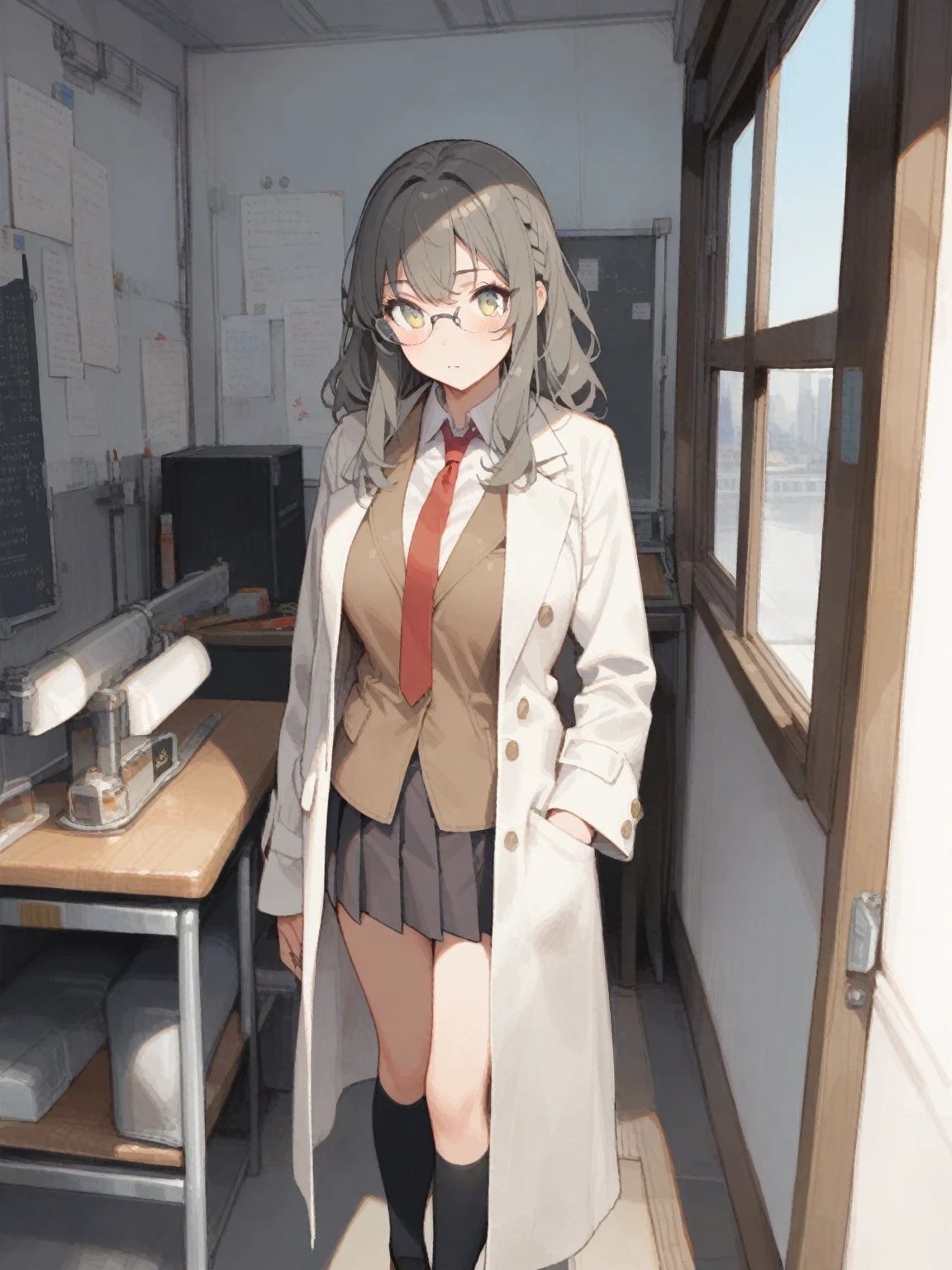 1girl, solo, futaba rio, seishun buta yarou, flameless eyewear, large breasts, skinny, , tegaki, white labcoat, brown blazer, white shirt, red necktie, pleated skirt, black high socks, loafers, full body, in school physics laboratory, long table with black top, standing, masterpiece, best quality, very aesthetic, absurdres, highly detailed
