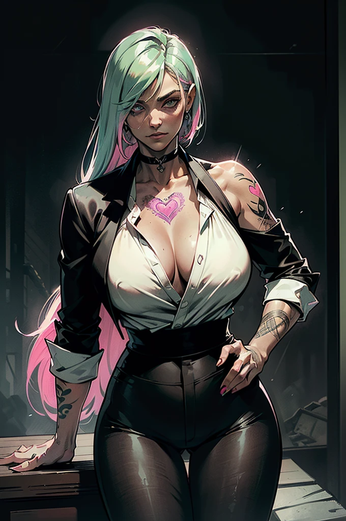 big breasts ((1 sexy yakuza mafia girl)) ((((straight pink and light green hair)))) (((((long side cut style)))) ((straight hair)) ((crystal eyes , perfect eyes)), extremely sexy, ((fitting black blazer, white shirt with short straps underneath, perfect neckline)), ((((long black fabric pants made in tailoring, light and soft fabric) ))) ) tight blouse, ((abandoned building)) sadistic expression and sadistic smile, ((masterpiece, ultra detailed, top quality)), ((ultra realistic, cinematic image, cinematic image, 8k))) ((she is in the pose of a superior goddess )), ((arms crossed)), abandoned building, pose on the brick wall, broken glass ((sensual and perfect legs, open legs)), look of superiority, defined body and toned abdomen, ((( (She has a heart tattoo)))) (((She is the leader of the yakuza) )) She is powerful, feared, a spectacular vision of this mafia leader, she is feared, a demon slayer, ((well- well-behaved clothes))