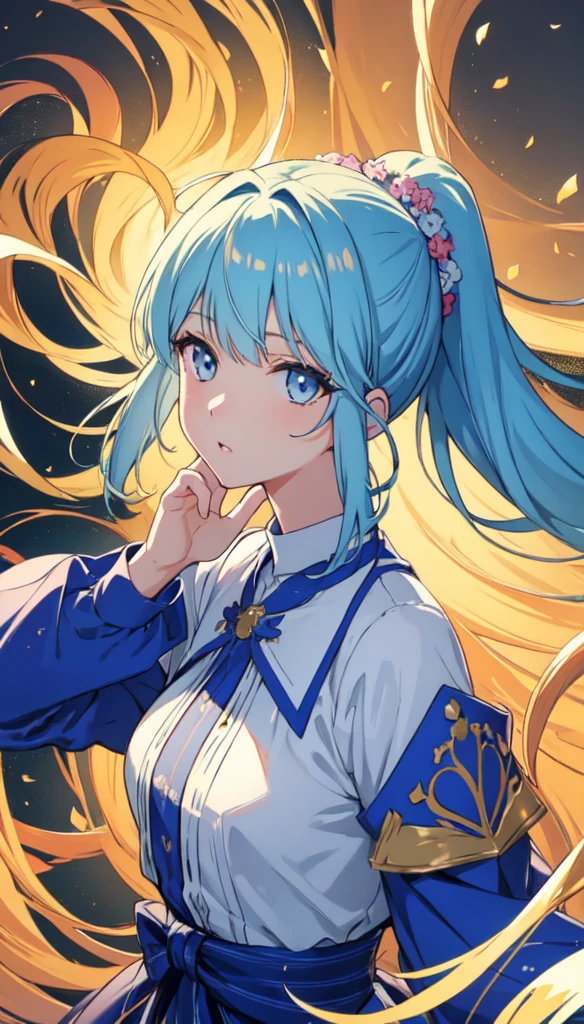 (masterpiece), (best quality), (ultra detailed),(disheveled hair),(illustration), (1girl), (Fashionable clothing), standing, Fashion model, looking at viewer, (interview), (simple background),beautiful detailed eyes, delicate beautiful face, Floating,(high saturation),(colorful splashes),colorful bubble,(shining), focus on face,  ponytail, kamisato ayaka, light blue hair, bangs, hair ring, floating flowers, floating hairs, (shining), best lighting, best shadow,  