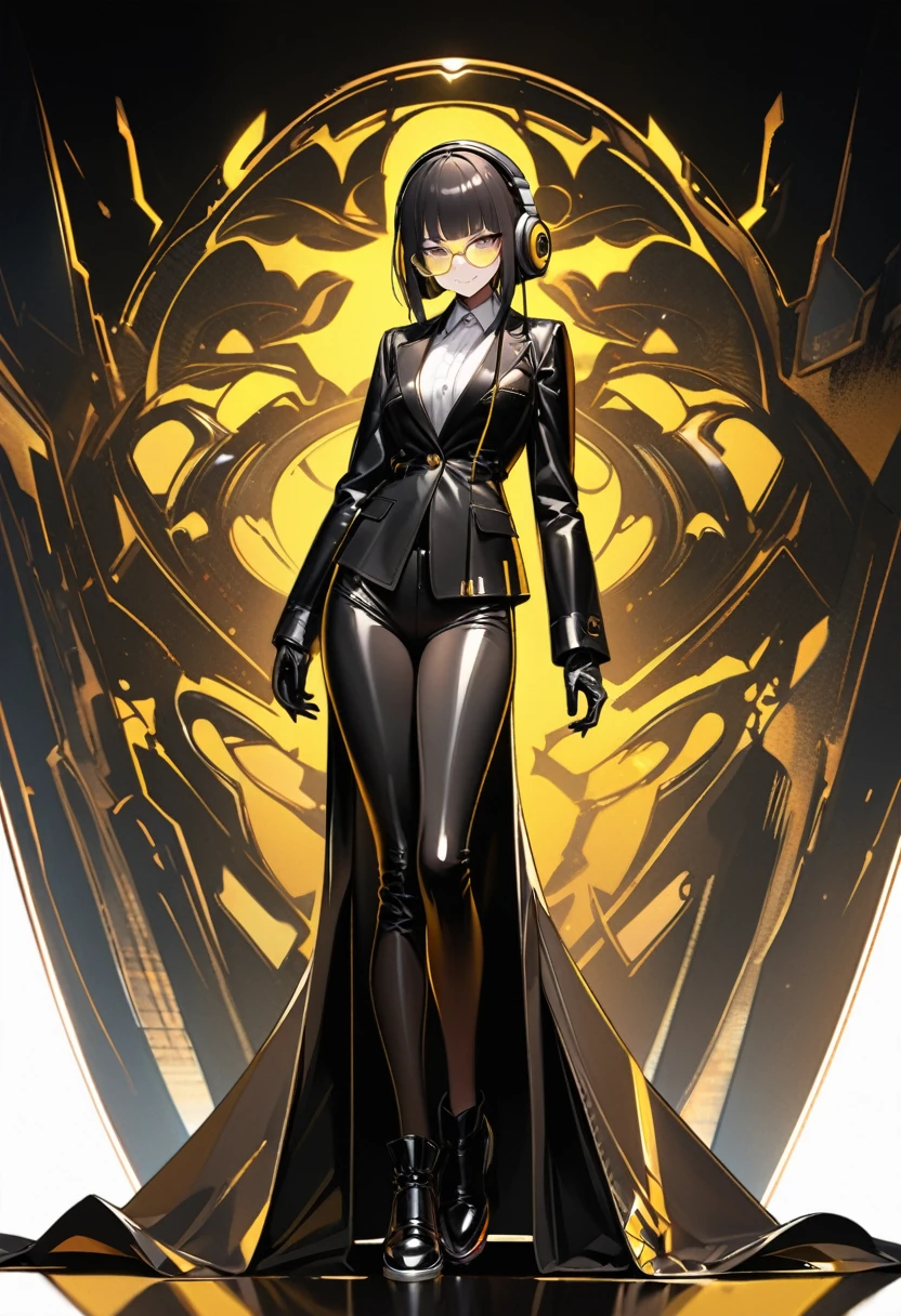 ((top-quality)), ((masterpiece)), ((ultra-detailliert)), (extremely delicate and beautiful), Digital art, (extremely detailed fine touch:1.3), (2D:1.3), 1girl, solo, (((yellow glasses:1.3))), (headphone:1.2), shiny hair, black short hair, blunt bangs, full body, ((Black business suit、Black tailored jacket、white shirt、Black pantsuit、Black leather gloves)), (Vicious look、Vulgar smile)