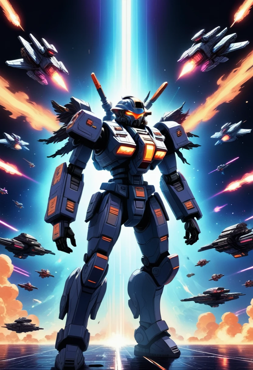 8k, high quality, futuristic space battle, intense space combat, retro 8-bit pixel art, powerful visual effects, cinematic lighting, dynamic camera angles, vivid color palette, deep shadows, neon glow, mechanical designs, intricate details, digital art, sci-fi, concept art