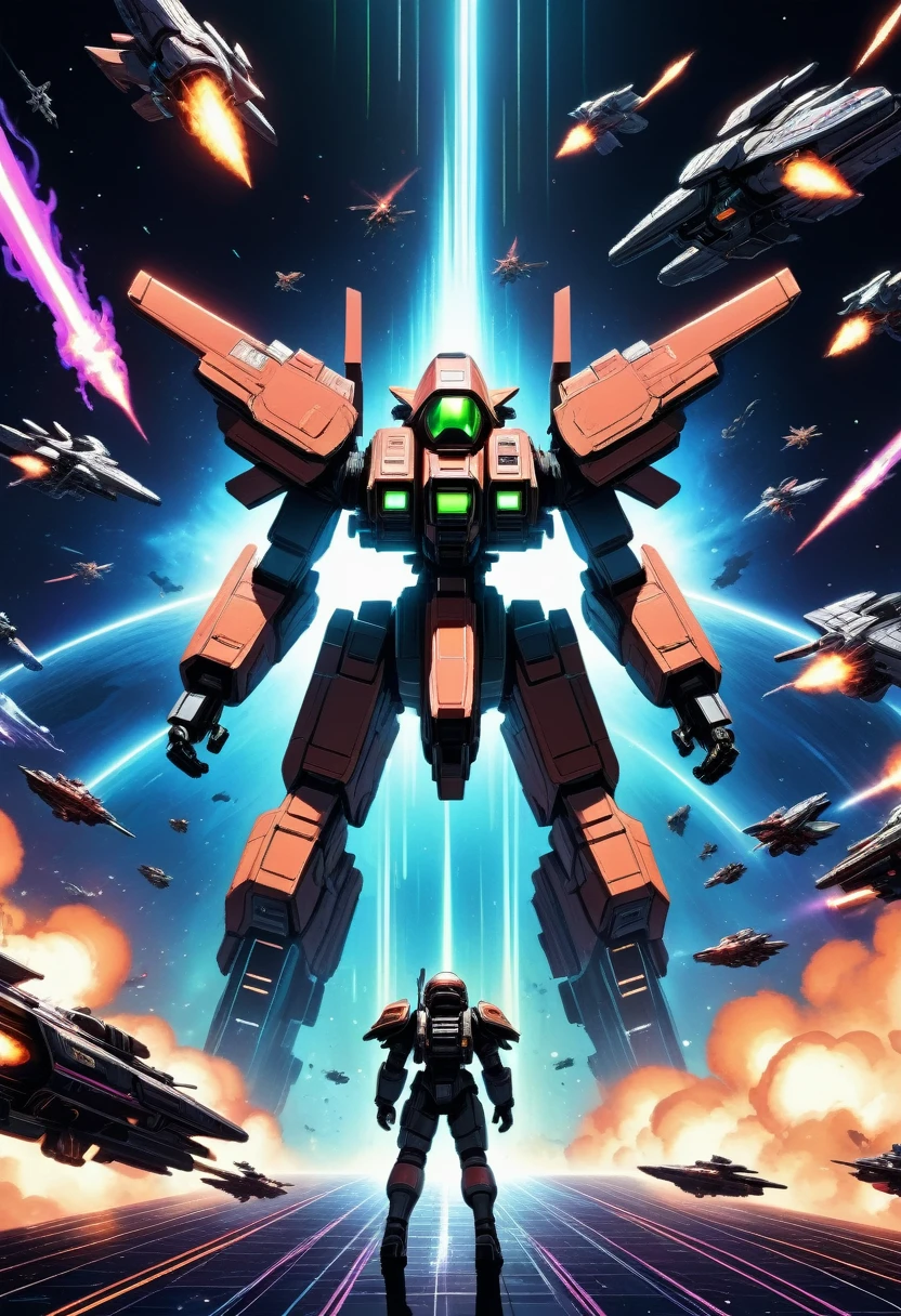 8k, high quality, futuristic space battle, intense space combat, retro 8-bit pixel art, powerful visual effects, cinematic lighting, dynamic camera angles, vivid color palette, deep shadows, neon glow, mechanical designs, intricate details, digital art, sci-fi, concept art
