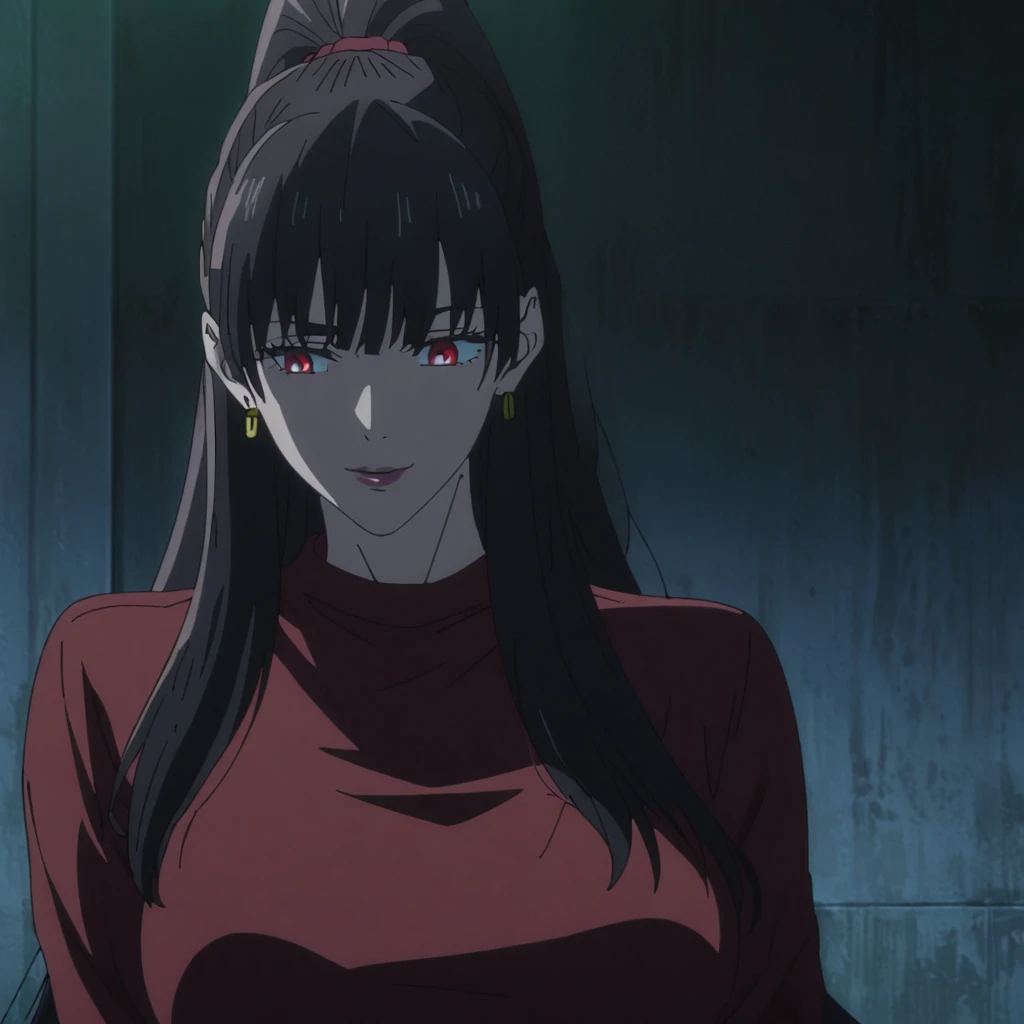 1girl, female gojo satoru, anime screencap from jujutsu kaisen, gojo satoru female version, solo, long_hair, Red eyes ((Black_hair)), night view, (hanging breasts) upper_body, smile, indoors, book, red_eyes, lips, (high ponytail) ((wearing red shirt and black colour pencil skirt )) breast, "very detailed and high resolution" (Red eyes) (cross arms) ((long hair)) ((solo)) (front view) (earings) ((high resolution)) ((good quality)) ((side bangs))
