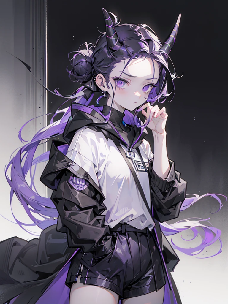 boy. thoughtful look. open forehead. black and purple hair tied in a bun on the left side to one side. sinuous black horns wrapped in dark purple ribbon. pale violet eyes. in short dark purple shorts. long white T-shirt. dark purple knee-high socks. dark purple long cloak with hood. view from the 100th floor of a cozy room in shades of gray, moon, starry sky