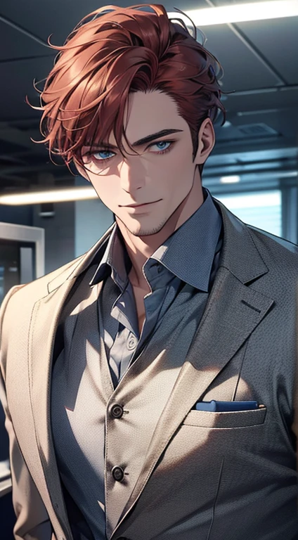 (best quality,4k,8k,highres,masterpiece:1.2),ultra-detailed,(realistic,photorealistic,photo-realistic:1.37),1 man,31 years old,mature man,very handsome,without expression,smile,short grey red hair,blue eyes,penetrating gaze,perfect face without errors,imposing posture,businessman,office background,cinematic lighting,hdr image