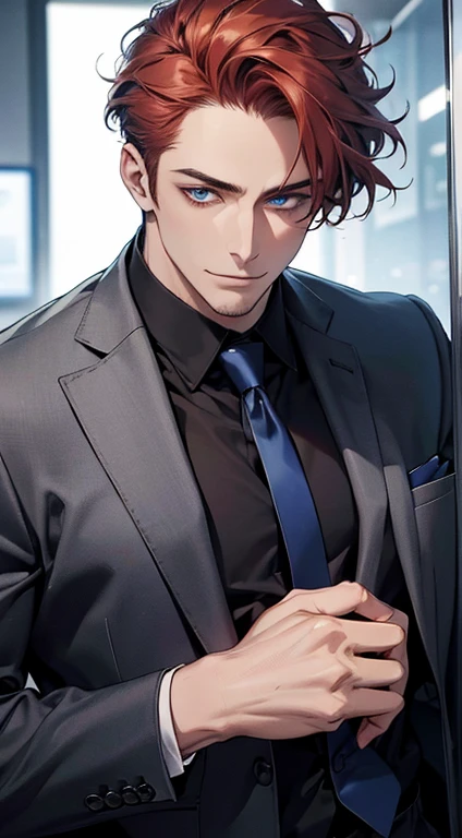 (best quality,4k,8k,highres,masterpiece:1.2),ultra-detailed,(realistic,photorealistic,photo-realistic:1.37),1 man,31 years old,mature man,very handsome,without expression,smile,short grey red hair,blue eyes,penetrating gaze,perfect face without errors,imposing posture,businessman,office background,cinematic lighting,hdr image