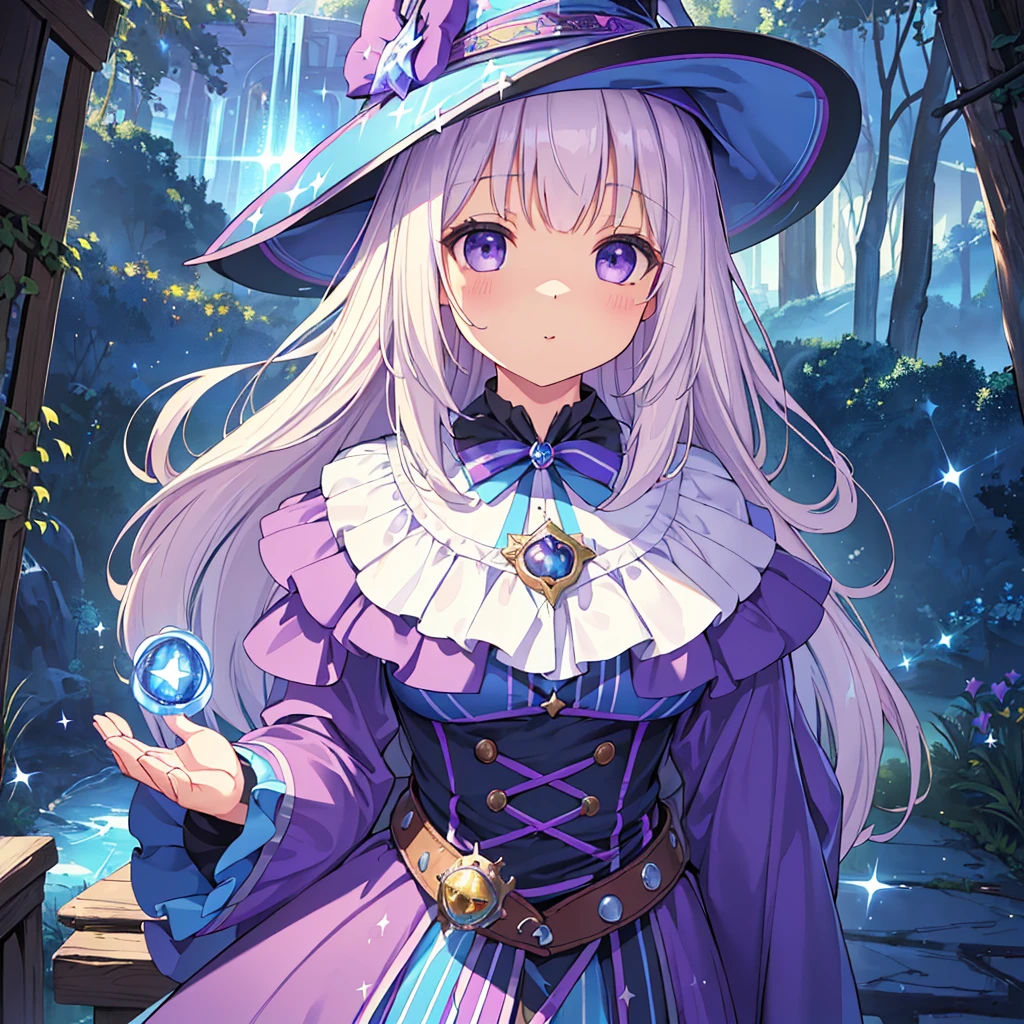 absurderes, high resolution, (animated style:1.1), ((Mesa)), ((Best Quality)), (ultra detailed), (beautiful),beautiful face、(rise),Pretty girl、(salvadera:1.4),in a panoramic view，Cute old woman solo, purple dress、Very detailed, cinematic lighting effect，4k，Masterpiece，Official Art、(((((long、magical 、magic)))))witch's hat、witch&#39;Wand、((pelo long morado))The fantastic landscape,Super delicate eyes、(((((Adults、The upper part of the body)))))