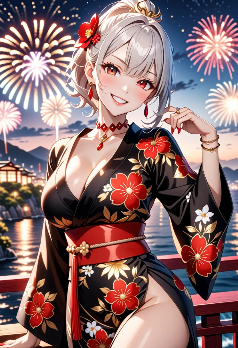 ((One personの女性)), Beautiful Face, (Laughing embarrassedly), (smirk:1.4), ((Wink:1.5)), (head tilt:1.3), Laugh with your mouth wide open, upper teeth, looking at viewer, (Doing sexy poses), ((Bright red cheeks:1.4)), Glossy Red Lips, night,Terrace with sea view, firework, Glossy pink lips, Shining Face, ((Anime style background)),masterpiece, Highest quality, so beautiful,up to date, Complex details, (long nails of red color), (nail art), (ring),(bracelet),(Floral choker), (helix piercing), AI-generated, Complex,High resolution, Highest quality, super high quality,3D Images、3D Images,One person,Long white hair,High Ponytail, Anime woman posing for a photo, (white eyes:1.2), ((Fine grain、silver eyes、Shining Eyes:1.3)), (Squint your eyes:1.1),a hyperRealistic , hyperRealistic , Realistic,Anime woman with long white hair, Smooth anime CG art, (A woman in a colorful kimono with gold embroidery), ((Black long sleeve kimono:1.3)), Red floral pattern,Long flower hair ornament,Earrings,Mature Body,(Big Breasts:1.4),Tall,Abdominal muscles,Tight waist, ((face focus:1.5)), (dutch angle:1.3),