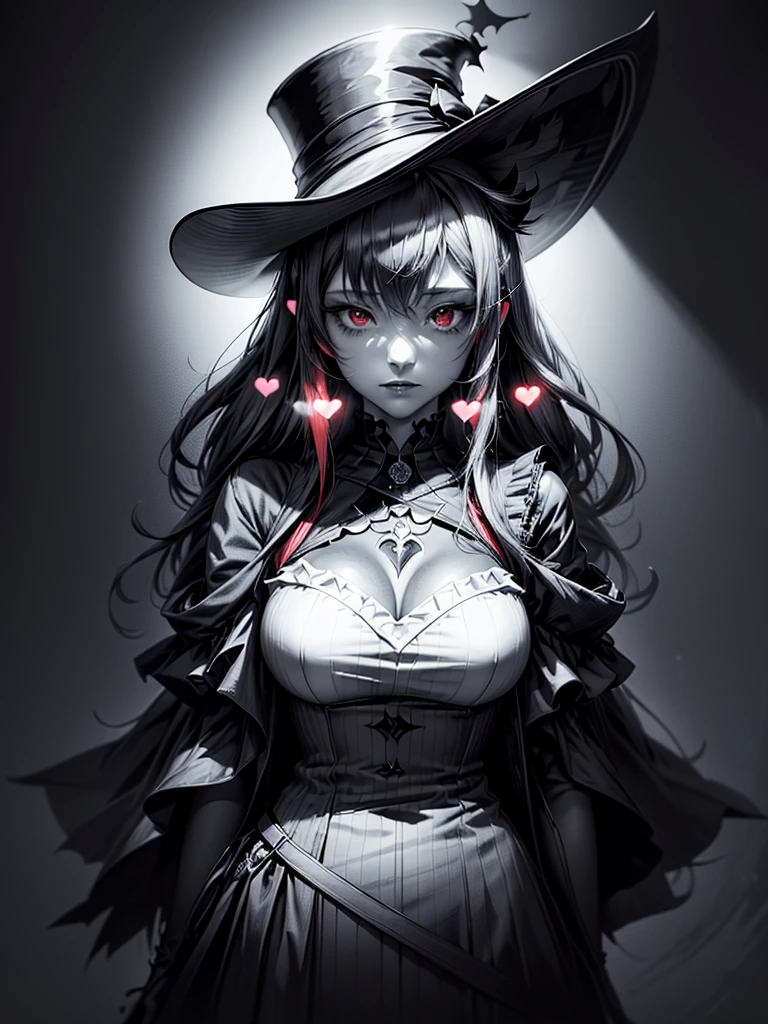 a close up of a person with a hat and a top hat, kawacy, anime cover, gothic harts, shadowverse style, from arknights, high detailed official artwork, black and white with red hearts, harley queen, nightcore, monochrome and red color bleed, light novel cover art, artbook artwork, artwork in the style of guweiz,
