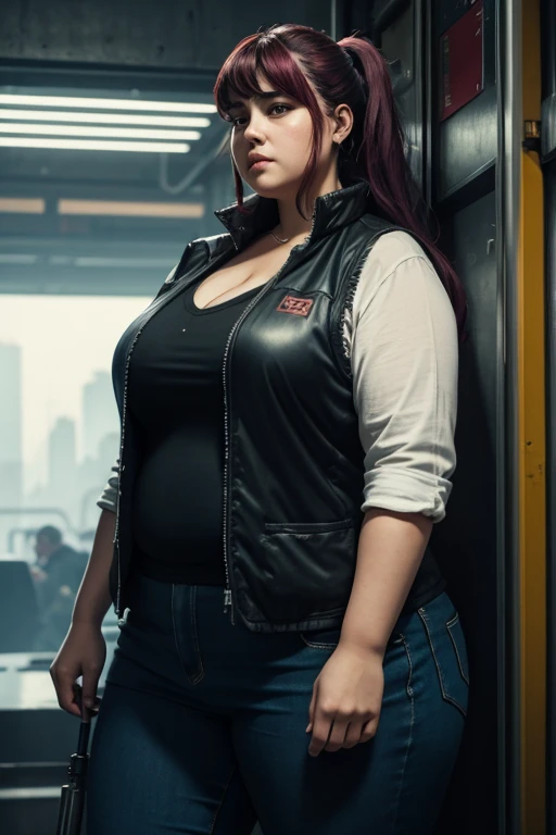 Cyberpunk, Somoan woman, Heavyset woman, wearing workers clothing, middle aged, wearing vest
