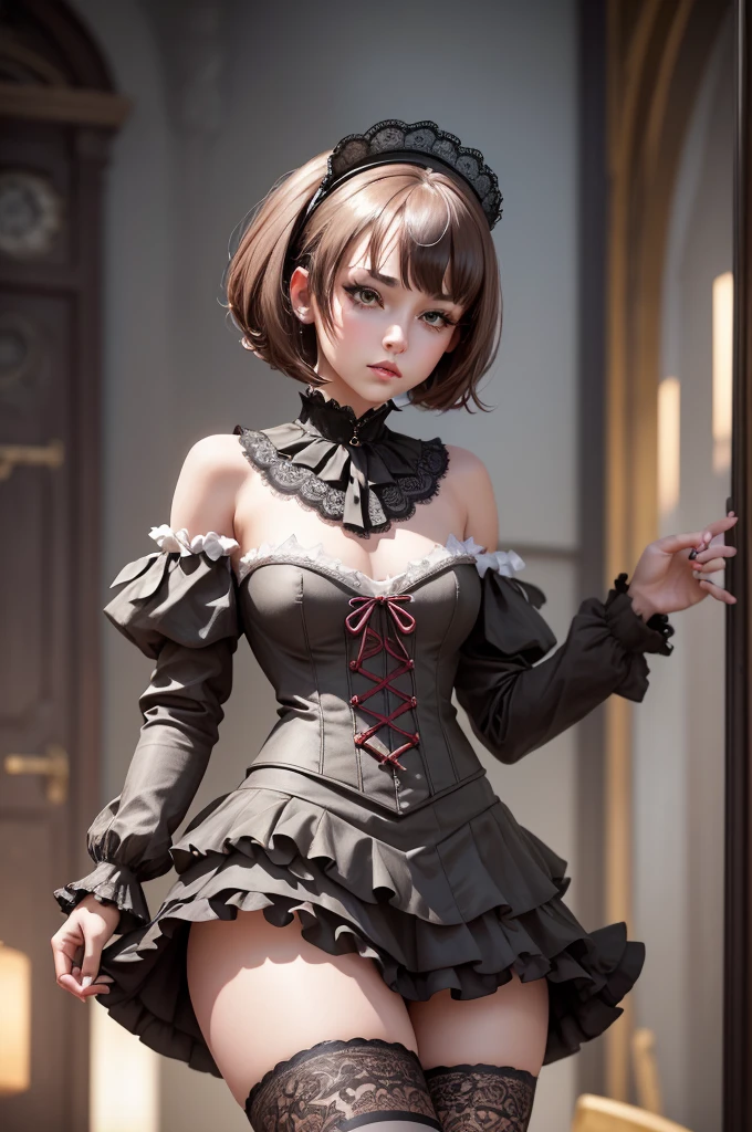 (((Masterpiece, top quality, super detailed))), One female, (((Very Slender body))) , (((Long, thin legs))), (((short black bob, thick puffy bangs ))), (((very detailed face))), cosmetics-free, small thin nose, small thin-lipped mouth, (((very sharp focused eyes))), large slit precision pale grey eyes, sparkling like jewels, Long eyelashes, ((Very decorative intricate mechanical steampunk fashion, Lace Flared mini skirt, Lace stockings above the knee, Lace Off-shoulder ta fashion, Overly decorative fashion)), The night an abandoned, intricately mechanized steampunk factory burns and explodes, (((overall accuracy has improved dramatically, creating a super detailed and realistic image))), Super realistic photo.