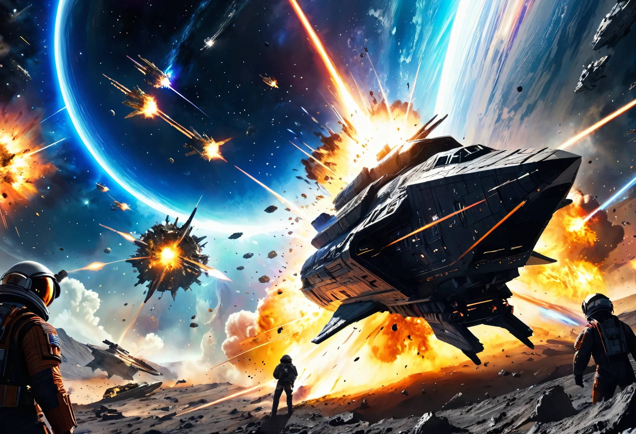 ((Epic scene)), best quality, photoshoot, realistic, (((deep Space))), space war battle of spaceships during a terrible meteorite storm, shootout, explosions, fire, laser rays, wreckage, perspective, (fish eye lens), bright colors, illusion, atmospheric scene, masterpiece, best quality, (((landscape))),
