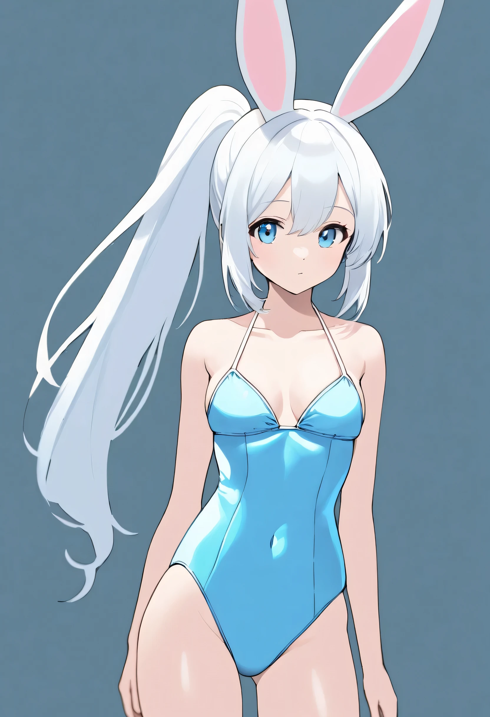 A  woman with a white head, light blue eyes, bunny ears, hair in a ponytail, and wearing a swimsuit.