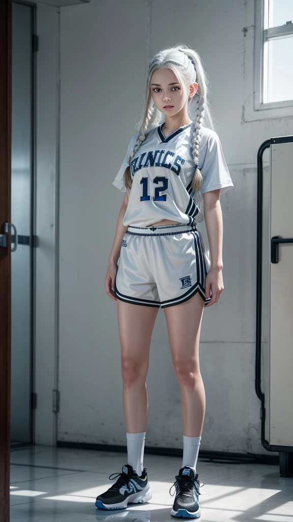 Female ager with white hair with braids, White skin, light blue eyes with black basketball uniformfull body 