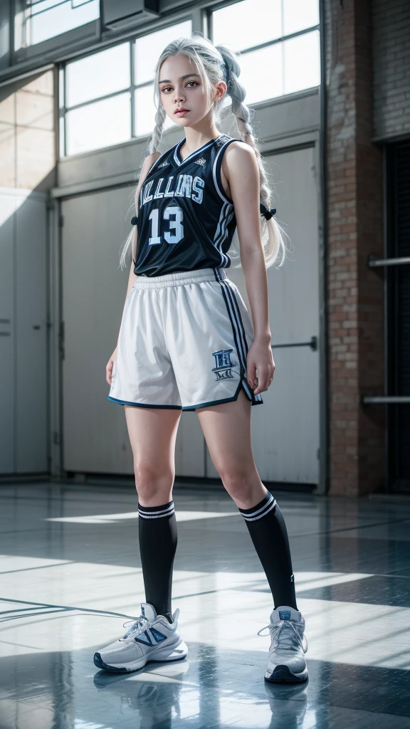 Female teenager with white hair with braids, White skin, light blue eyes with black basketball uniformfull body 