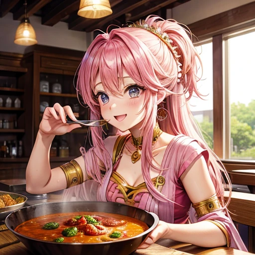 Pink-haired goddess eating curry Indian traditional clothing Isekai Cafeteria