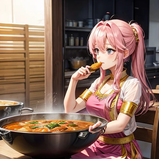 Pink-haired goddess eating curry Indian traditional clothing Isekai Cafeteria