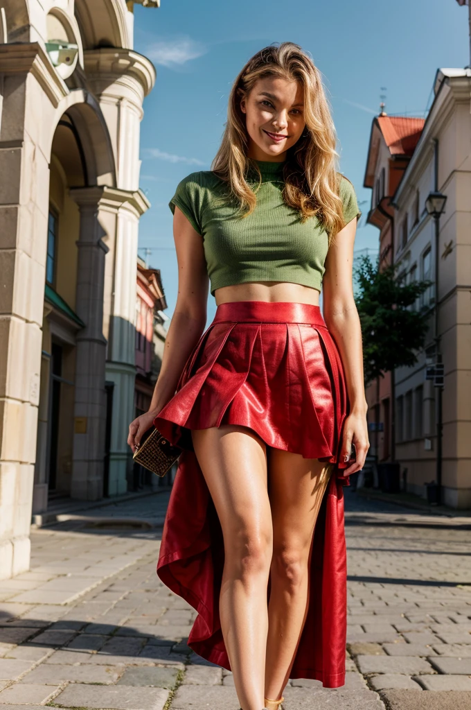 Lituania, pretty women blonde, good face, standing up, (((wear a green top)), (((wear a red skirt))), ((on the Vilnius cathedrale place)), smirk