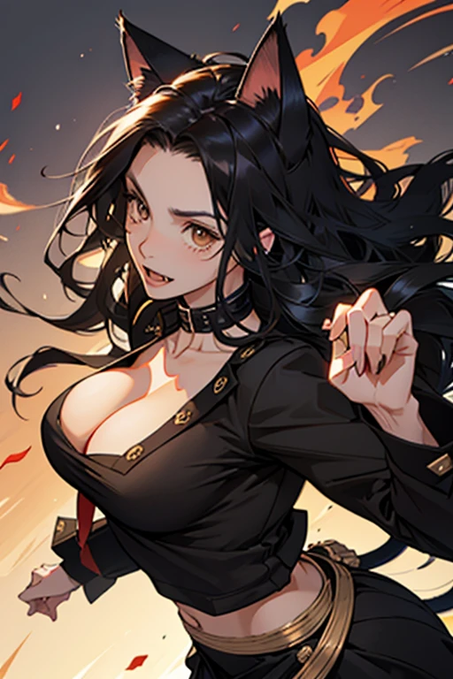 Half body, A beautiful woman, long wavy black hair, brown eyes, dark clothing, cat ears and tail, fangs,