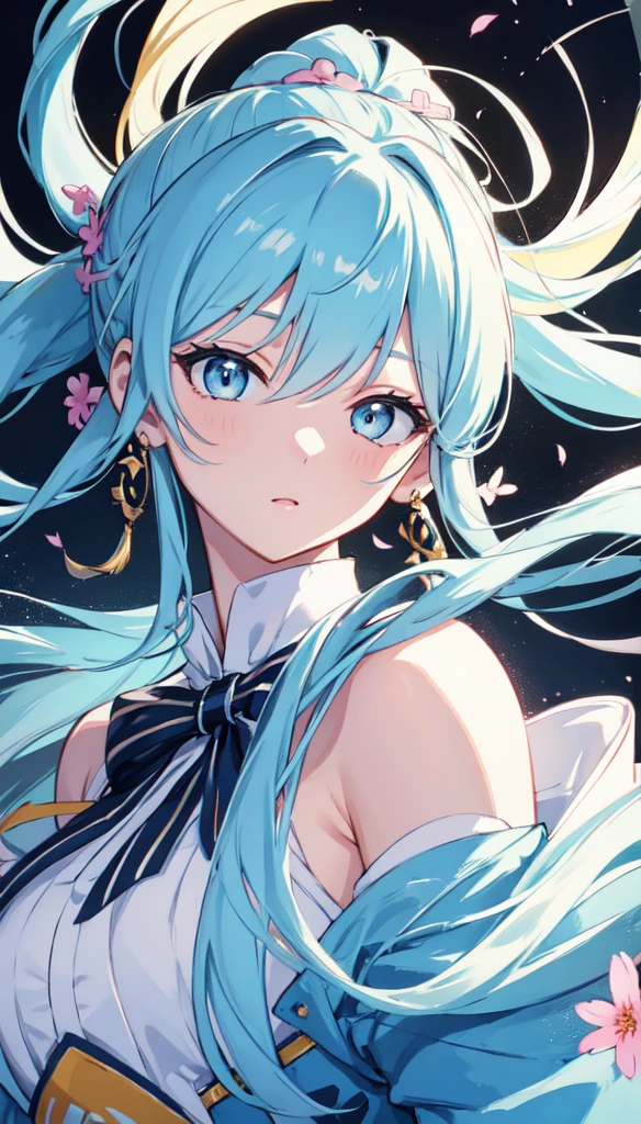 (masterpiece), (best quality), (ultra detailed),(disheveled hair),(illustration), (1girl), (Fashionable clothing), standing, Fashion model, looking at viewer, (interview), (simple background),beautiful detailed eyes, delicate beautiful face, Floating,(high saturation),(colorful splashes),colorful bubble,(shining), focus on face, ponytail, kamisato ayaka, light blue hair, bangs, hair ring, floating flowers, floating hairs, (shining), best lighting, best shadow,