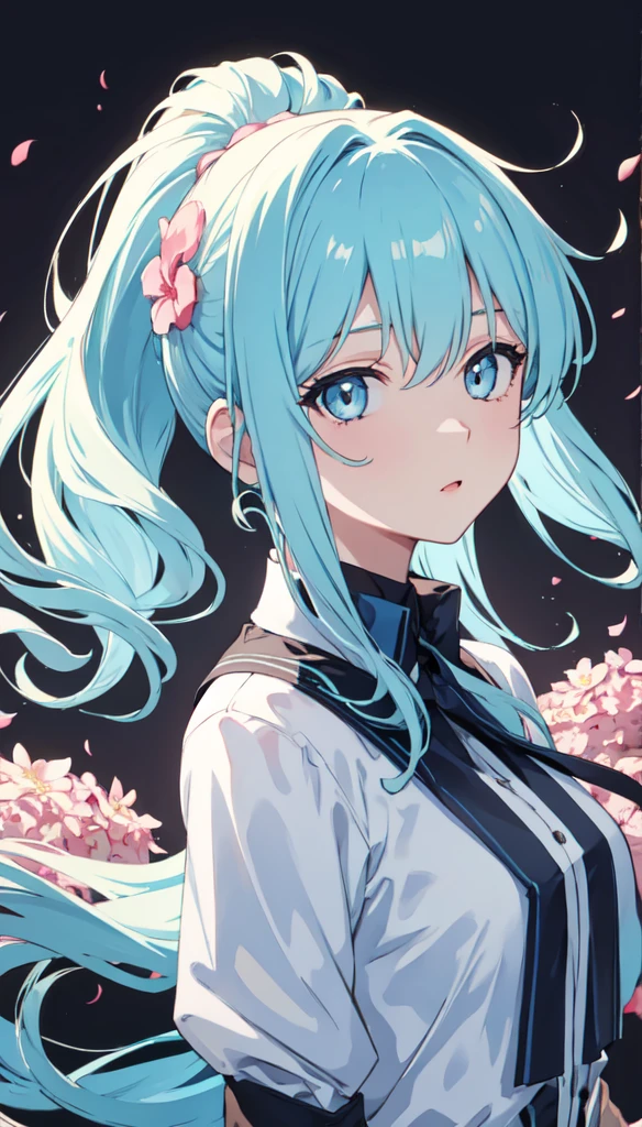 (masterpiece), (best quality), (ultra detailed),(disheveled hair),(illustration), (1girl), (Fashionable clothing), standing, Fashion model, looking at viewer, (interview), (simple background),beautiful detailed eyes, delicate beautiful face, Floating,(high saturation),(colorful splashes),colorful bubble,(shining), focus on face, ponytail, kamisato ayaka, light blue hair, bangs, hair ring, floating flowers, floating hairs, (shining), best lighting, best shadow,