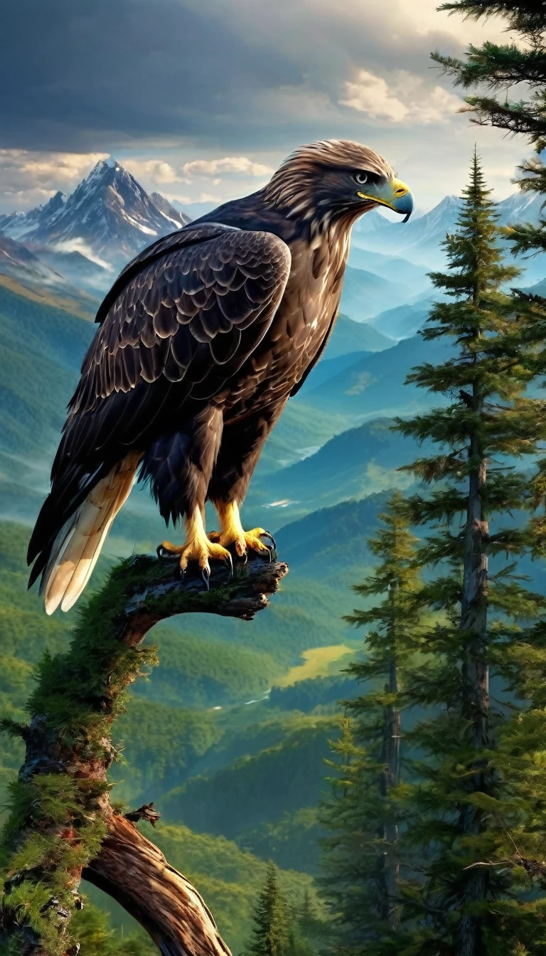 Mountains and forests，There is a kind of beast，Looks like a hawk，The eagle&#39;s claws are like a pair of human hands(best quality，4K，8K，High level，masterpiece：1.2），Ultra Detailed，（lifelike，Photo real，Photo real：1.37），Highly detailed animals，Realistic lighting，Fantasy Creatures