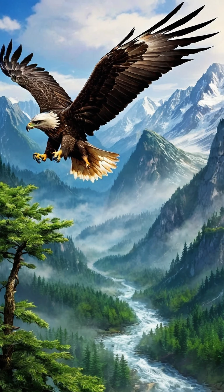 Mountains and forests,There is a kind of beast,Looks like a hawk,The eagle's claws are like a pair of human hands(best quality,4K,8K,High level,masterpiece:1.2),Ultra Detailed,(lifelike,Photo real,Photo real:1.37),Highly detailed animals,Realistic lighting,Fantasy Creatures