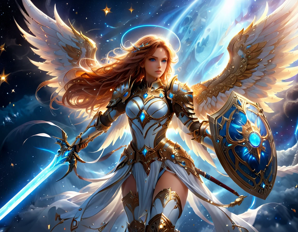 arafed a warrior angel in space battling in the stars, a female angel knight, magnificent beauty, divine beauty, dynamic hair color, dynamic hair color, dynamic eye color, intent gaze, she wears intricate space armor, with intricate mechanic parts, white angelic wings spread, magnificent wings, glorious wings, outer space background, stars, vibrant, Ultra-high resolution, High Contrast, (masterpiece:1.5), highest quality, Best aesthetics), best details, best quality, highres, (ultra wide angle: 1.2), 16k, ultra detailed, masterpiece, best quality, (extremely detailed),aetherpunkai, GlowingRunesAI_paleblue, Sword and shield