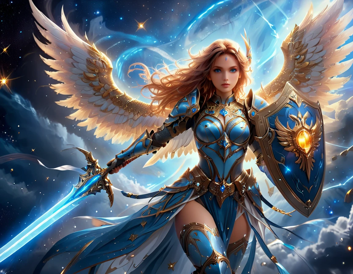 arafed a warrior angel in space battling in outer space, a female angel knight, magnificent beauty, divine beauty, dynamic hair color, dynamic hair color, dynamic eye color, intent gaze, she wears intricate space armor, with intricate mechanic parts, white angelic wings spread, magnificent wings, glorious wings, outer space background,  stars, vibrant, Ultra-high resolution, High Contrast, (masterpiece:1.5), highest quality, Best aesthetics), best details, best quality, highres, (ultra wide angle: 1.2), 16k, ultra detailed, masterpiece, best quality, (extremely detailed),aetherpunkai, GlowingRunesAI_paleblue, Sword and shield