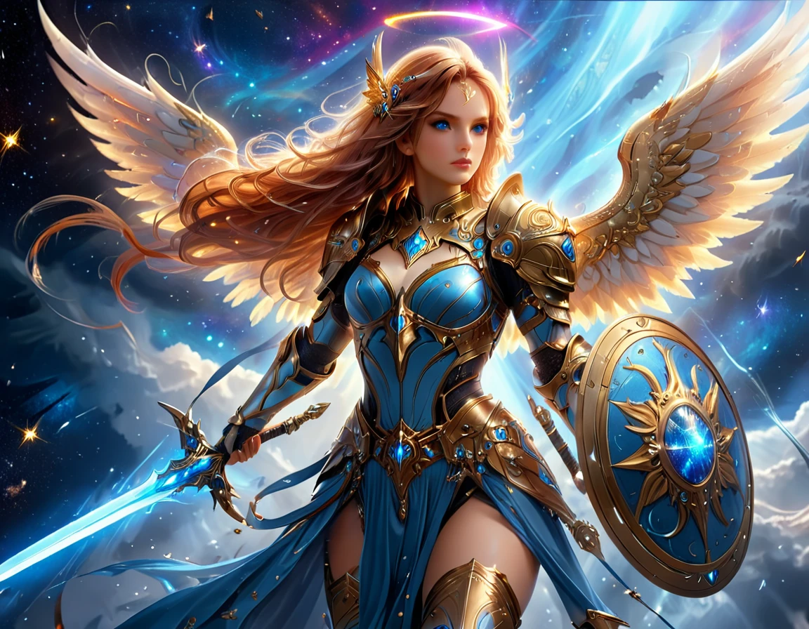 arafed a warrior angel in space battling in the stars, a female angel knight, magnificent beauty, divine beauty, dynamic hair color, dynamic hair color, dynamic eye color, intent gaze, she wears intricate space armor, with intricate mechanic parts, white angelic wings spread, magnificent wings, glorious wings, outer space background,  stars, vibrant, Ultra-high resolution, High Contrast, (masterpiece:1.5), highest quality, Best aesthetics), best details, best quality, highres, (ultra wide angle: 1.2), 16k, ultra detailed, masterpiece, best quality, (extremely detailed),aetherpunkai, GlowingRunesAI_paleblue, Sword and shield
