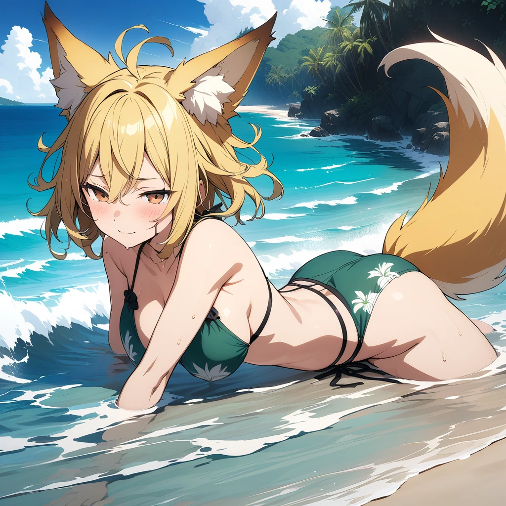 (masterpiece,best quality,very aesthetic,ultra-detailed),(illustration,official art),nsfw,solo,BREAK,1girl,30yo,curvy,large breasts,tall,stout build,bewitching,(blonde fox ears),(a fox tail),(blonde hair,short hair,messy hair),disheveled hair,(brown foxy eyes),half closed eyes,beautiful face,bare legs,comfortable,(smirk:0.7),(tropical atmosphere,flower print dark green layered bikini),(scar on breasts,scar on cheek:1.2),BREAK,ocean,wave,sandy beach,summer sky,cowboy shot,wading,swimming,on stomach,floating,half submerged in ocean