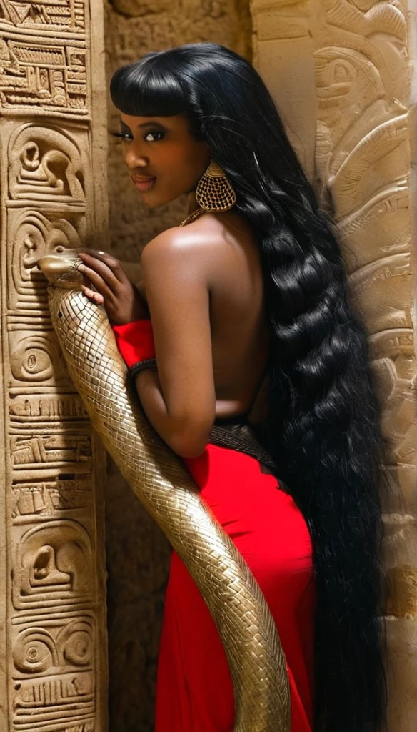 Femme égyptienne , avec une grosse poitrine, une peau de serpent, de l'Égypte antique, dans un temple égyptien, porte une robe rouge et couleur sable, épousant le corps, a de long cheveux raide noirs orné de nombreux bijoux,  la femme est enceinte de serpent, sa poitrine gonflé de lait, des crochets de serpent, visible lorsqu'elle sourit, a des yeux doré a pupilles reptilienne, porte un cobra noir 