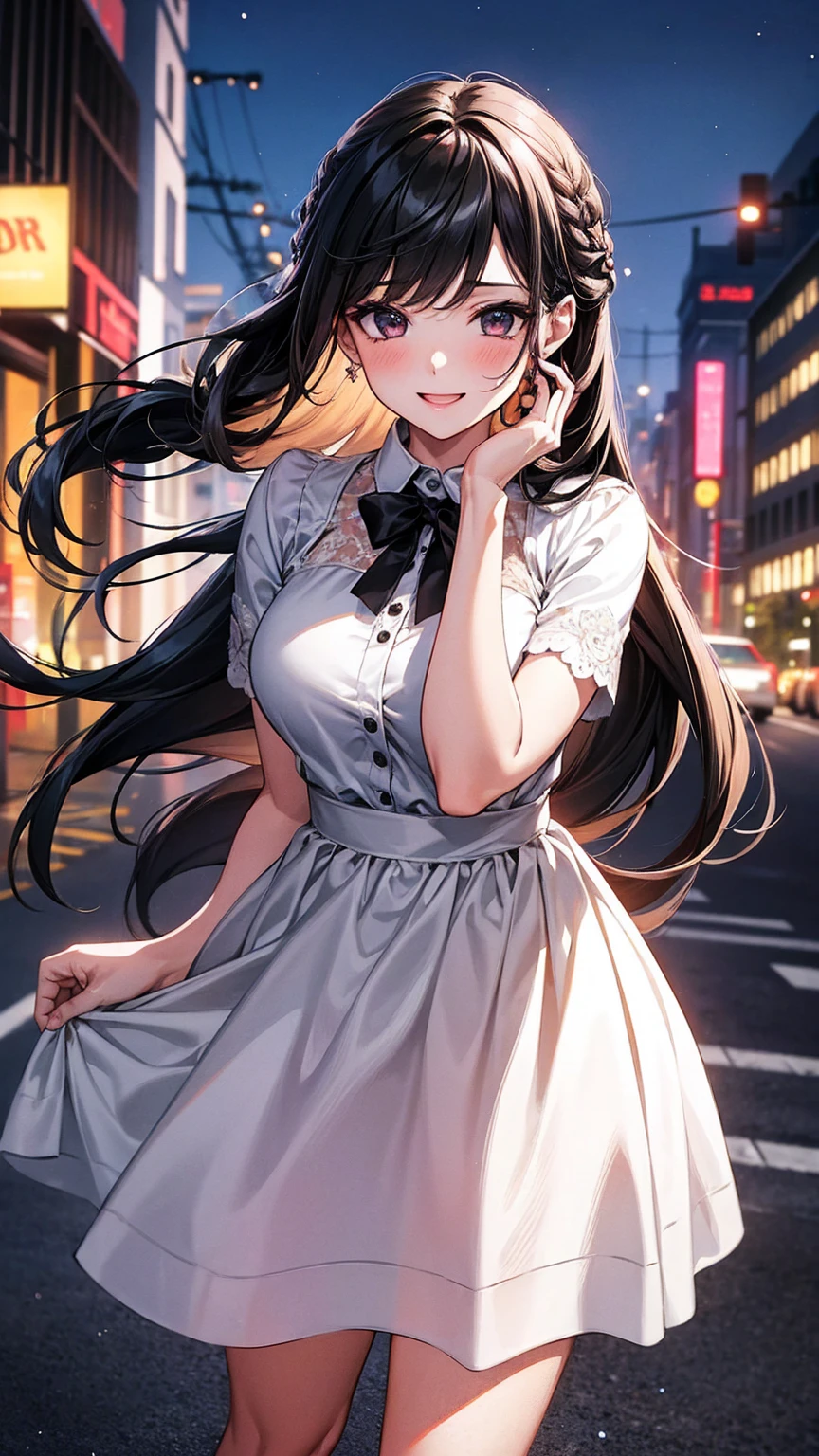 (best quality, Masterpiece), 1 girl, The sun shines, In the building, black hair, Beautiful long hair, braid, Black eyes, cute, Bright face, Good mood, beautiful breasts, Beautiful date dress, shy, 1 woman, young girl, (Goosebumps:0.7), Beautiful face, (shyไลเนอร์, lipstick:0.9), nighttime, street lights, fall, 4K, 8K, UHD, HDR, detailed background, background