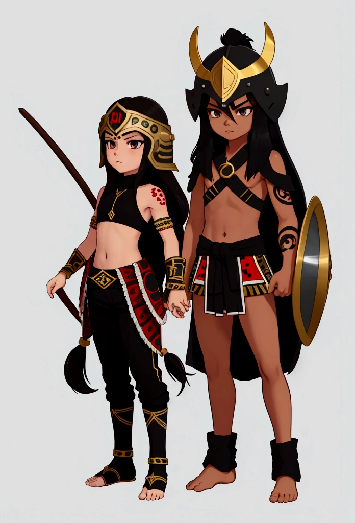 higrres 1 boy, joung boy, 15 years old, all lefth arm aztec tatto, bare soulders, full body, nails, black eyes, black hair, aztec weapon, long hair, looking at viewe, male focus, tattoo, aztec shield, aztec, tribal warrior, tribal armor, dark-skin, mask, ((helmet)), standing, war cry, exprexion, jaguar skin, hig resolution kunoichi tsubaki style, white background simple background, 