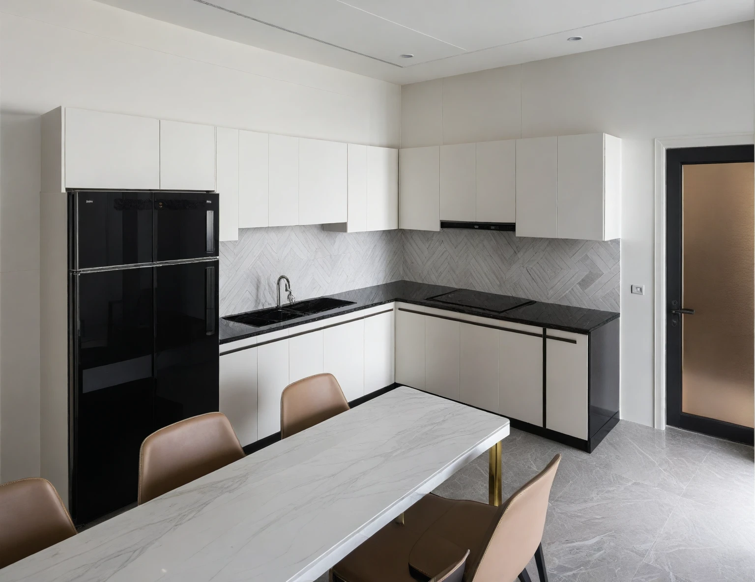 Raw photo,Masterpiece, high quality, best quality, authentic, super detail,
indoors, interior , ((kitchen and dining :1.3)), modern style, daylight, (WHITE WALL),luxury, marble tile floor, fridge, black stone counter top
