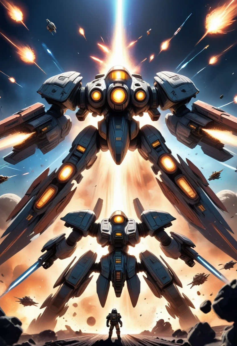 cartoon:1.5, Future Sci-Fi Space War, Very detailed, Epic spaceship, Fierce battles, Glowing Energy Weapon, Strong explosion, Dramatic Lighting, Composition, Moody Palette, Practical rendering, Complex mechanical details, A sense of scale and grandeur, (best quality,4K,8K,high resolution,masterpiece:1.2),Extremely detailed,(Practical,photoPractical,photo-Practical:1.37)