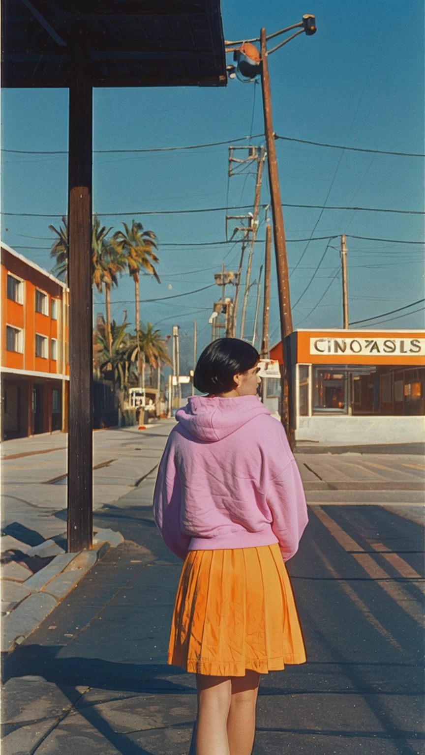 long shot portrait of cute 23 yo girl, (natural breast) ,wear ((orange color oversized hoodie)), wear ((purple tennis skirt)),looking front,Best Quality,Masterpiece,Ultra High Resolution,(Realisticity:1.4),Original Photo, 1Girl, light leak,ultra high resolution,UHD,beautiful, (black bob hair), almond eye, no makeup, in front of (80's mondrian architecture motel), (realistic:1.2), (surreal:1.3), (very detailed:1.1), ((masterpiece)),summer, blue sky, palm trees,sunny, los angles vibes,film camera, 800mm lens,style of Philip Lorca diCorcia
