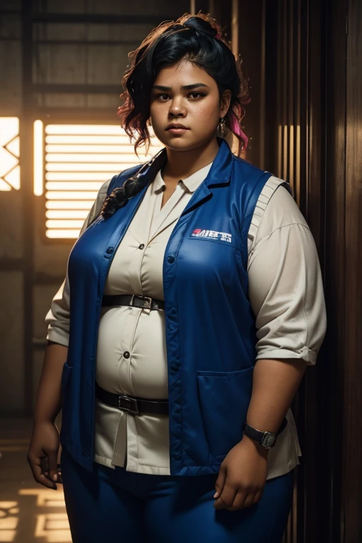 Cyberpunk, Samoan woman, Heavyset woman, wearing workers clothing, middle aged, wearing vest, ethnically Samoan