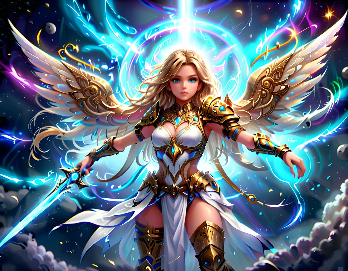 arafed a warrior angel in space battling in outer space, a female angel knight, magnificent beauty, divine beauty, dynamic hair color, dynamic hair color, dynamic eye color, intent gaze, she wears intricate space armor, with intricate mechanic parts, white angelic wings spread, magnificent wings, glorious wings, outer space background, stars, vibrant, Ultra-high resolution, High Contrast, (masterpiece:1.5), highest quality, Best aesthetics), best details, best quality, highres, (ultra wide angle: 1.2), 16k, ultra detailed, masterpiece, best quality, (extremely detailed),aetherpunkai, GlowingRunesAI_paleblue, Sword and shield